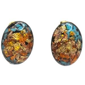 Vintage Earrings Turquoise Gold Flake Color Tones Oval Foiled Clip On SKU 3109
